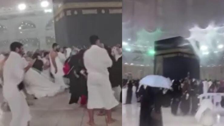 Kabe’de şiddetli yağış: İbadet eden Müslümanlar zor anlar yaşadı